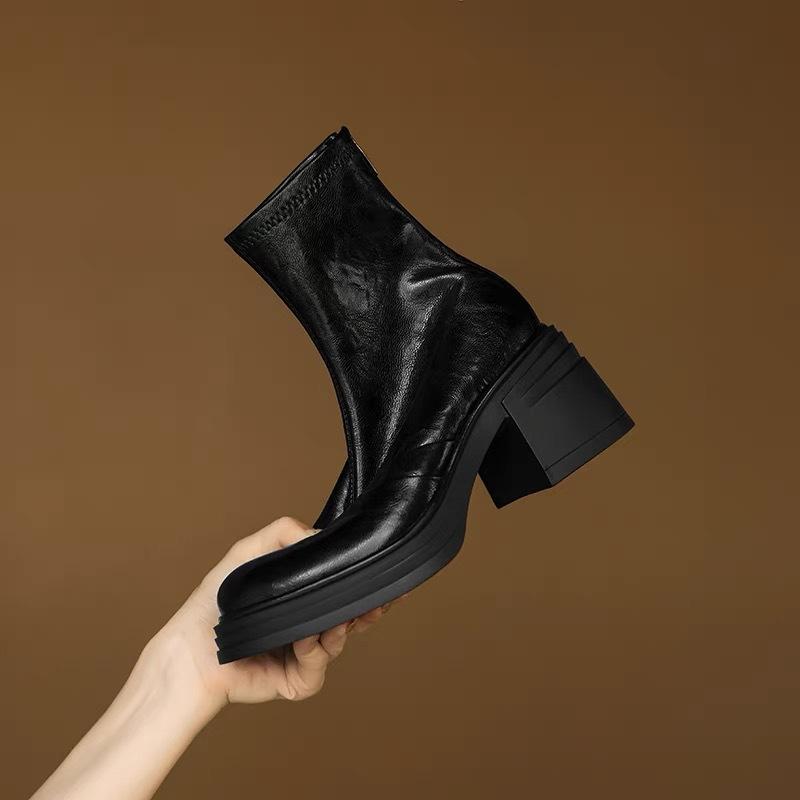 

Sheepskin version~ French leather platform high-heeled short boots women s 2025 autumn and winter new round head thick heel elastic thin boots 35 чёрный