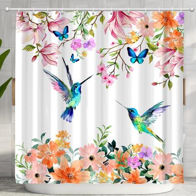 Rideau de douche floral Colibri Fleur à l'aquarelle Plante Feuilles vertes tropicales Oiseau Papillon Décor de salle de bain Tissu avec crochets
