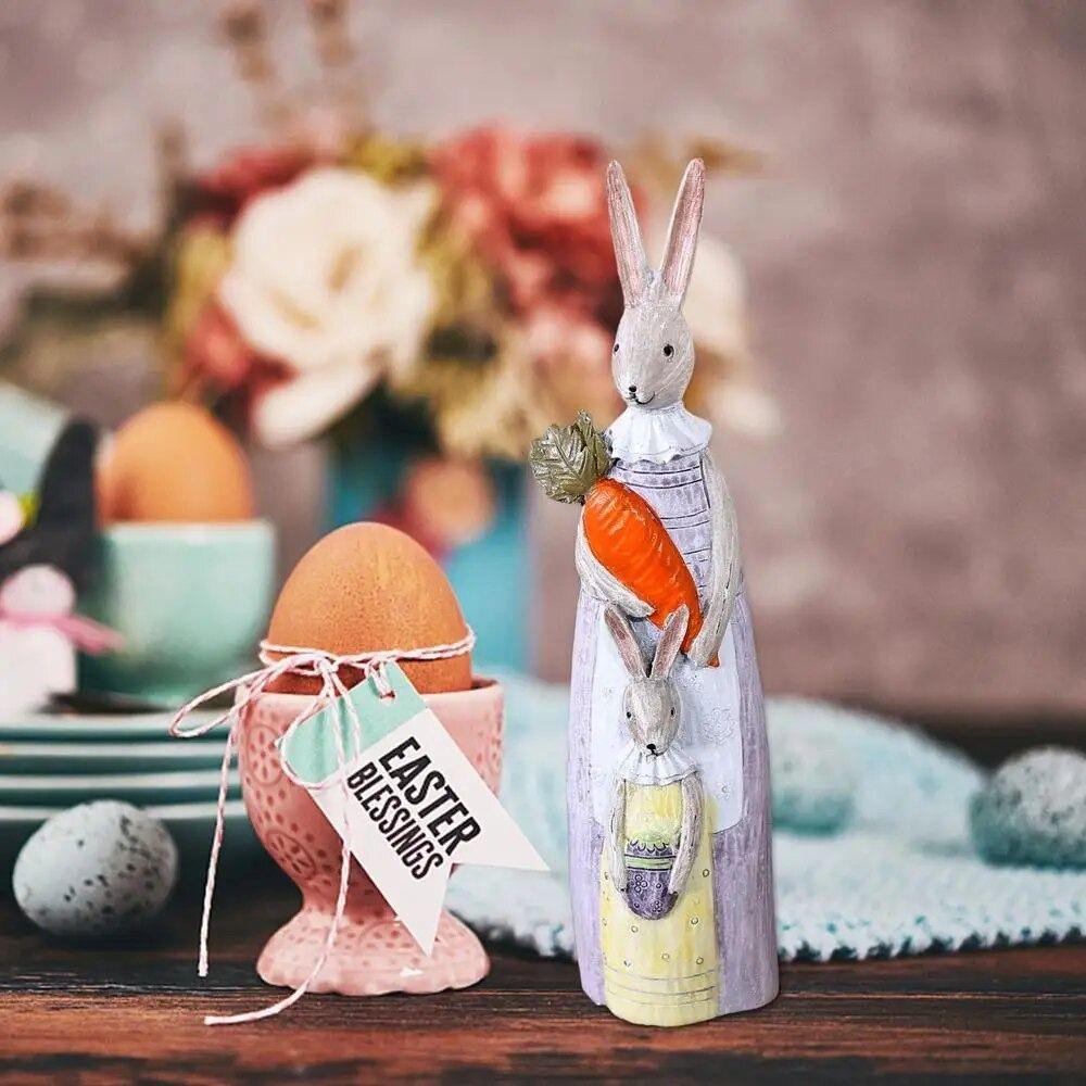 Rustic Couple Rabbit Sculpture Cute Rabbit Resin Ornament Retro Easter Bunny Statue Easter Decor