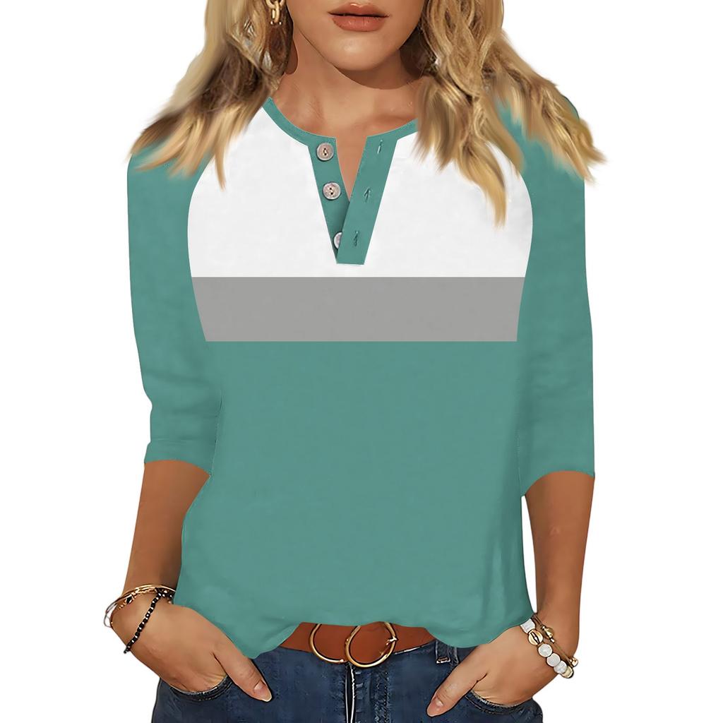 Women's Tops Three-quarter Sleeve V-neck Button Printed Imitation Cotton T-shirt