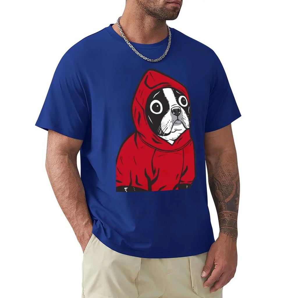 Funny Boston Terrier In A Red Hoodie French Bulldog T-Shirt Men O Neck Pure Cotton T Shirts Funny Dogs Tees Clothing