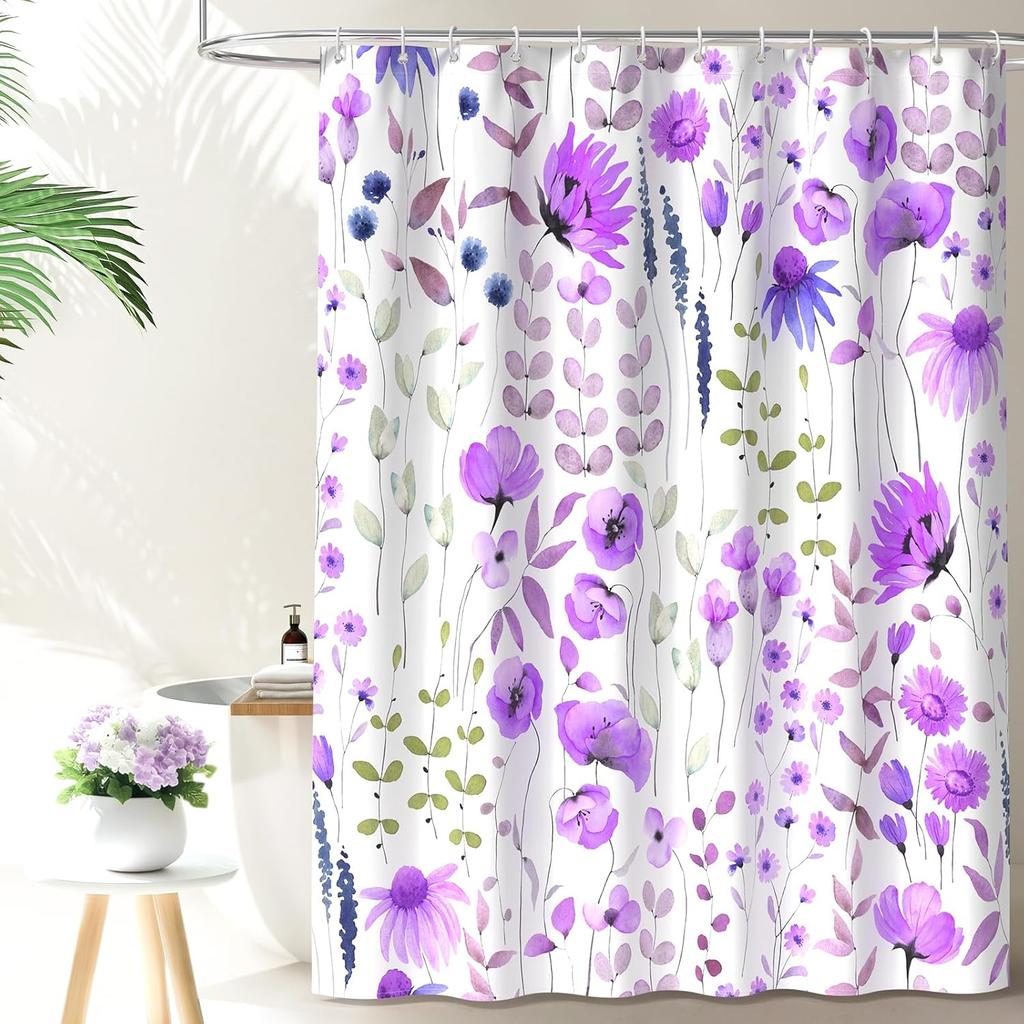 Watercolor Floral Shower Curtain, Flowers Print Spring Bathroom Curtain, Wildflowers Home Décor Machine Washable Bath Curtain