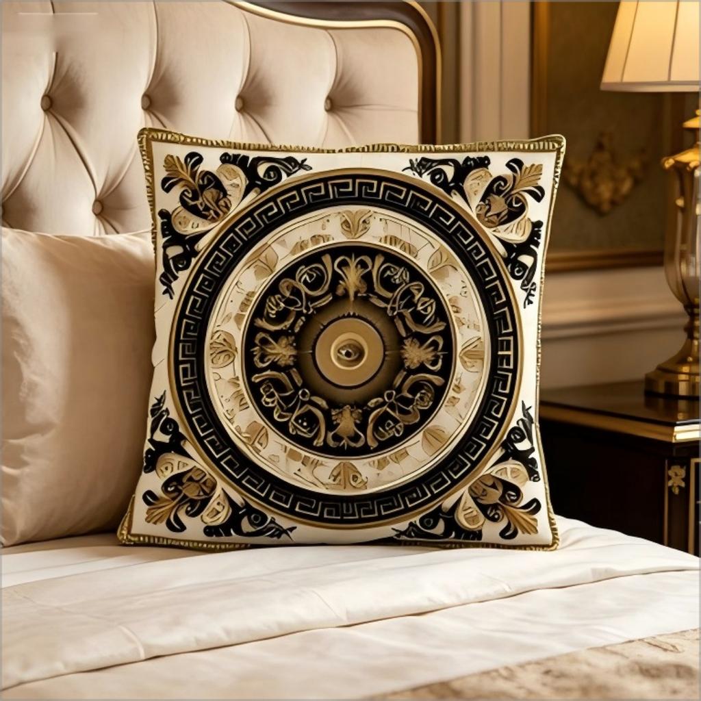 Luxury European Style Pillow Cover Black Gold Baroque Medallion Print Soft Throw Pillow Case For Vintage Royal Home Decor Gift