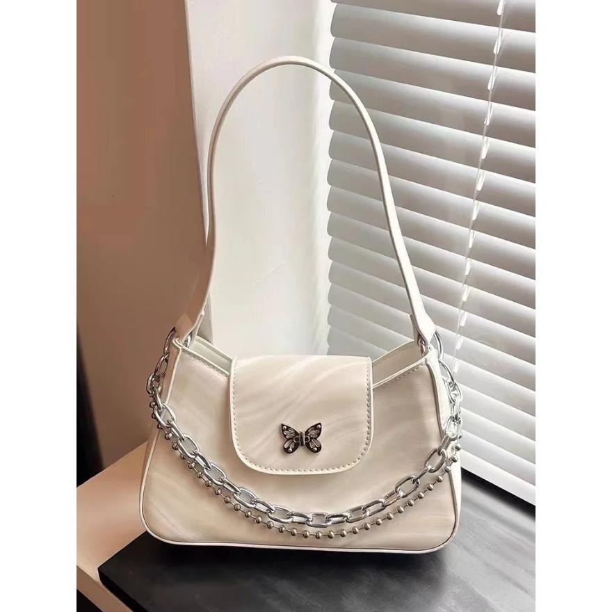 Vielseitige PU-Leder Damen Schultertaschen Mode Damen Schmetterlingsdekor Achseltaschen Lässige Damenhandtaschen Schwarz Weiß