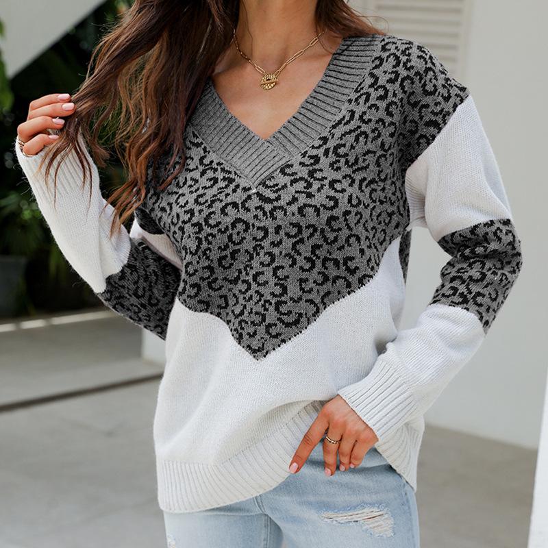 Herbst- und Winter-Damenpullover, Leopardenmuster, V-Ausschnitt, Farbblock-Pullover, Langarm-Top