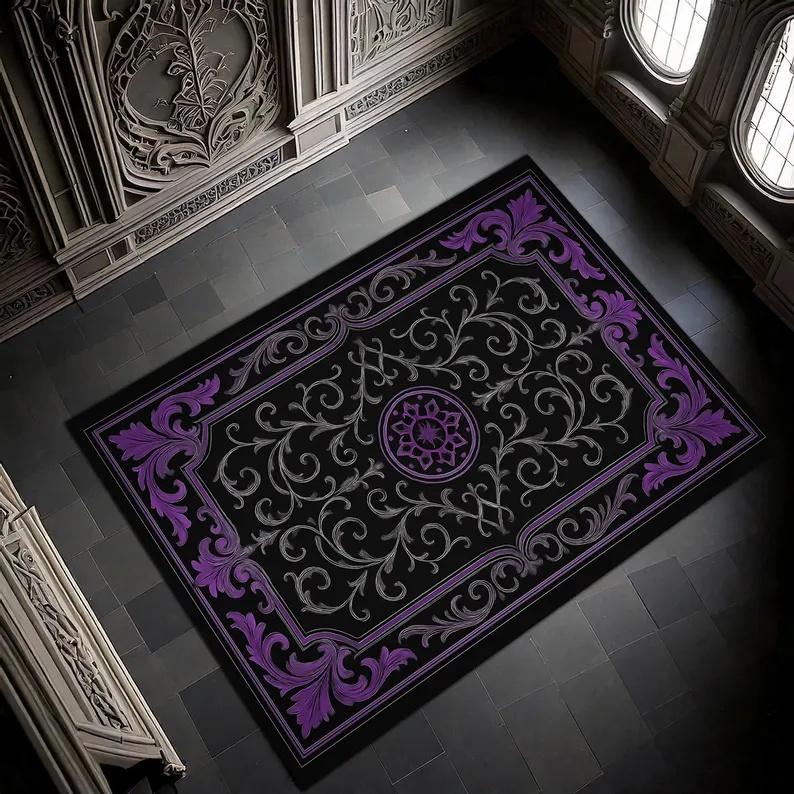 

Elegant Purple Oriental Persian Area Rug with Golden Border and Pink Floral Pattern, Vintage Home Decor Carpet for Living Room 60cm x 90cm