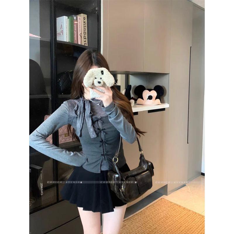 Kumikumi Fashion Suit Elegant Strap Long-Sleeved T-shirt Female Autumn Slimming Easy Matching Sling Vest Two-Piece Set