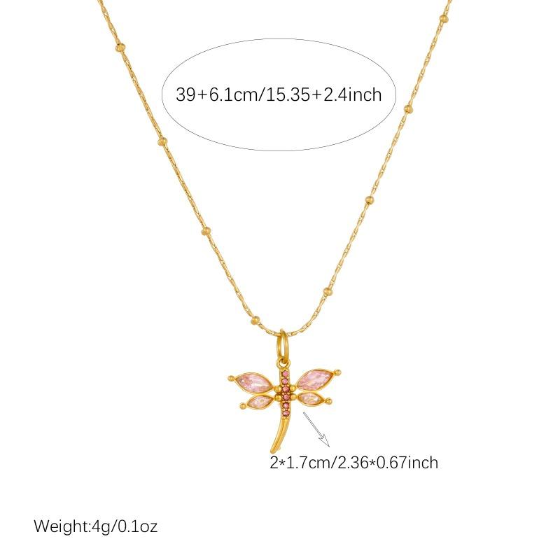Collana Libellula con Catena di Perline Dorate e Pendente in Cristallo Rosa per Donna