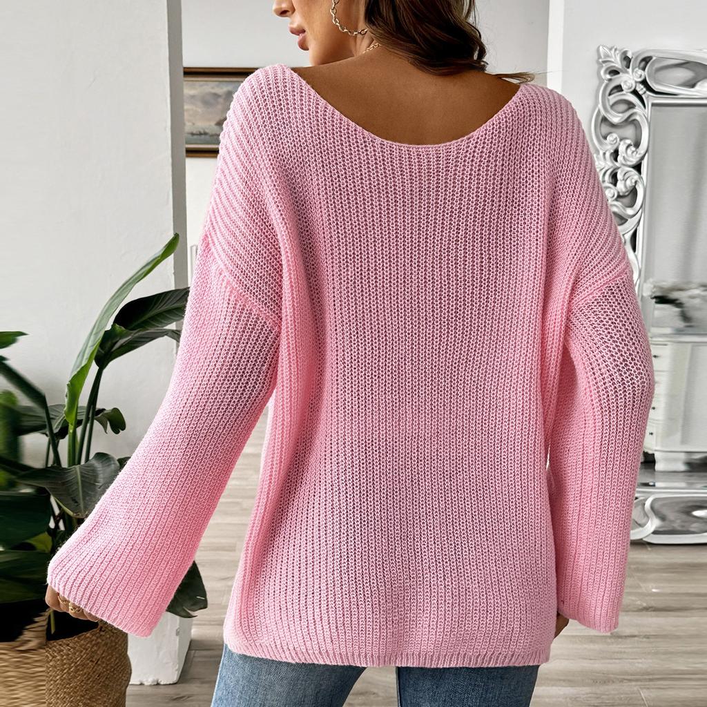 Women'S Pullover Sweater Top Loose One Line Neck Off Shoulder Flare Sleeve Sweater