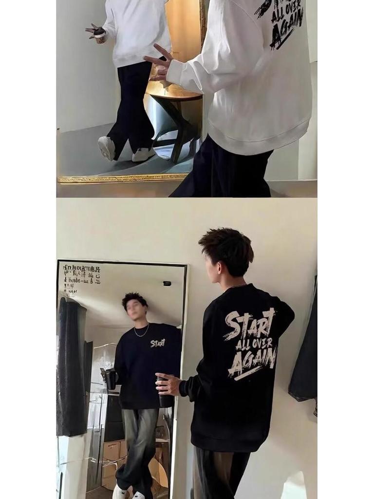 American Trendy Men's Loose Fit Round Neck Hoodie - Plus Size Thin Long Sleeve Autumn/Winter Base Layer Shirt