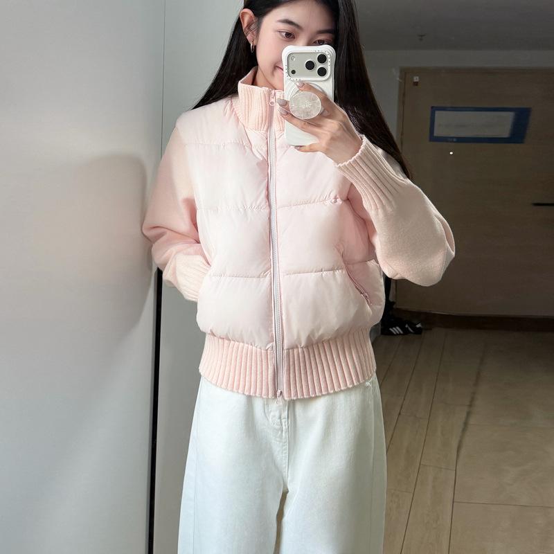Korean Gentle Style Grey Knitted Splicing Sleeve Cotton Jacket Women's Winter New Short Thick Warm Coats Versatile Outerwear