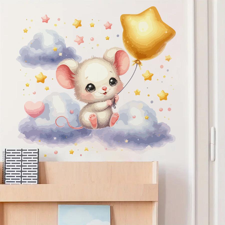 Cute Cartoon Mouse with Stars and Clouds Wall Stickers, Self-Adhesive Decor for Kids Room Bedroom Decoration