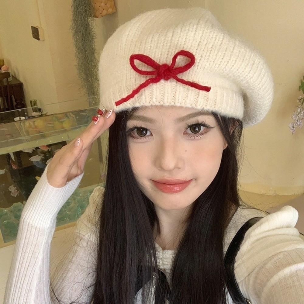 56-58cm Warm Fall Winter Hat Cold Proof Cotton Painter Beret Hat Bow Knitted Beret Hat For Women