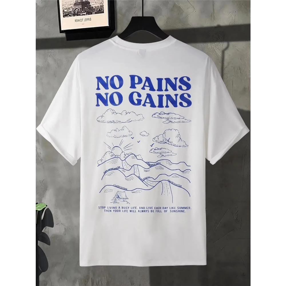No Pains No Gains Positive Energy Letter Men Tshirt Fashion Cotton Tee Clothes High Quality Breathable Tshirt Summer Loose Tops