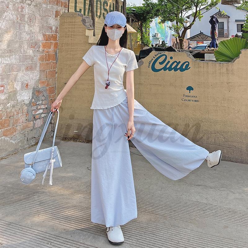 

Women s 2026 Summer Ice Silk Wide-Leg Pants: High Waist, Slimming, Casual Fit M синій