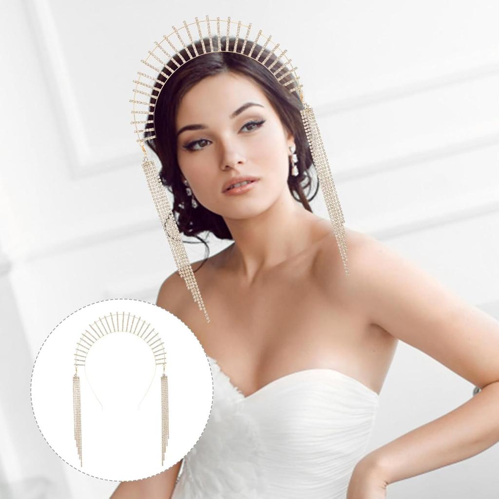 Halo Crown Crystal Goddess Headband Glitter Tassel Head Chain Wedding Headpieces Party Tiara Hair Accessory Jewelry For Women Girls Holiday Party