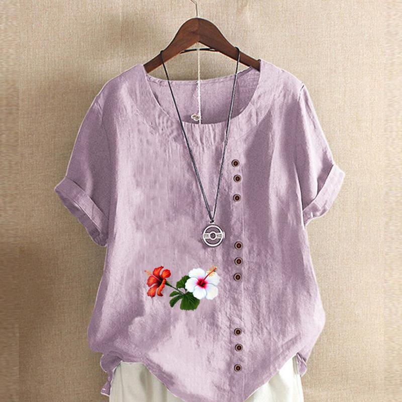 Women's Fashion Round Neck Short Sleeve T-shirt Casual Cotton Linen Graphic Shirt Leisure Loose Flowers Prined Summer Blouse Tops