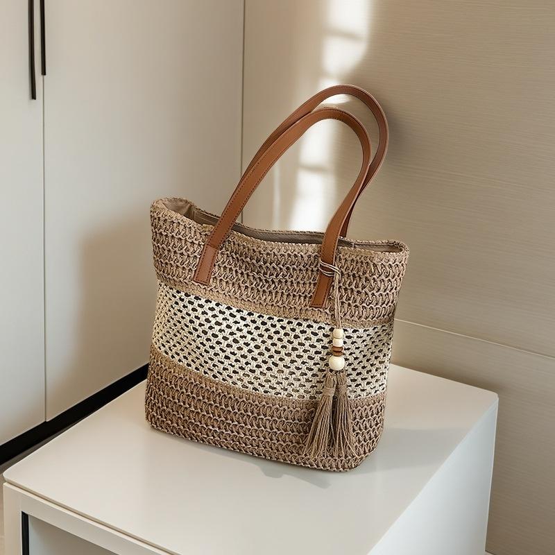 

Плетеная сумка из соломы большой вместимости женская сумка ручной работы плетеная сумка сумка через плечо с бахромой пляжная сумка-тоут подмышечный контрактор хаки