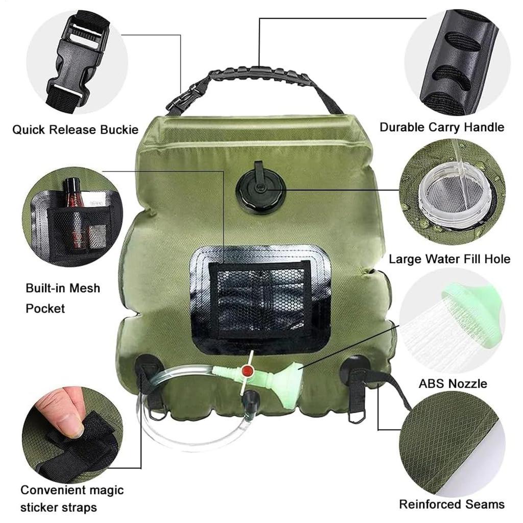 5 Gallon Solar Shower Bag 20L with Shower Head & Hose Portable Camping Shower for Outdoor Beach Glamping Emergency Use