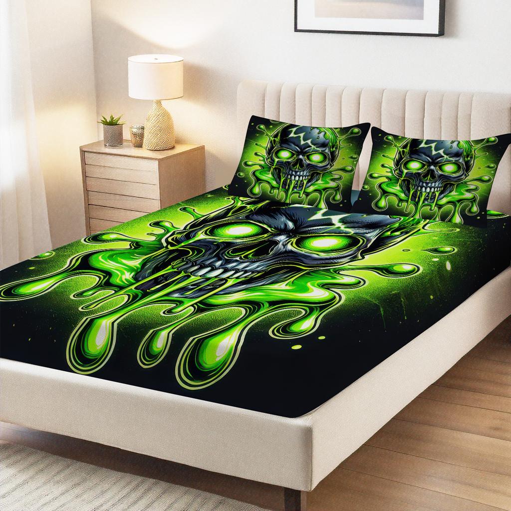Green Slime Skull Fitted Sheet Set 3D Print Bedding Set Soft And Durable Fabric For Teens Bedroom Decor