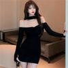 Pure Desire Style Black One-word Shoulder Dress Women's Clothing Spring Off-the-shoulder Folds Slim and Thin Inside with Hip-wrapped Skirt Tide