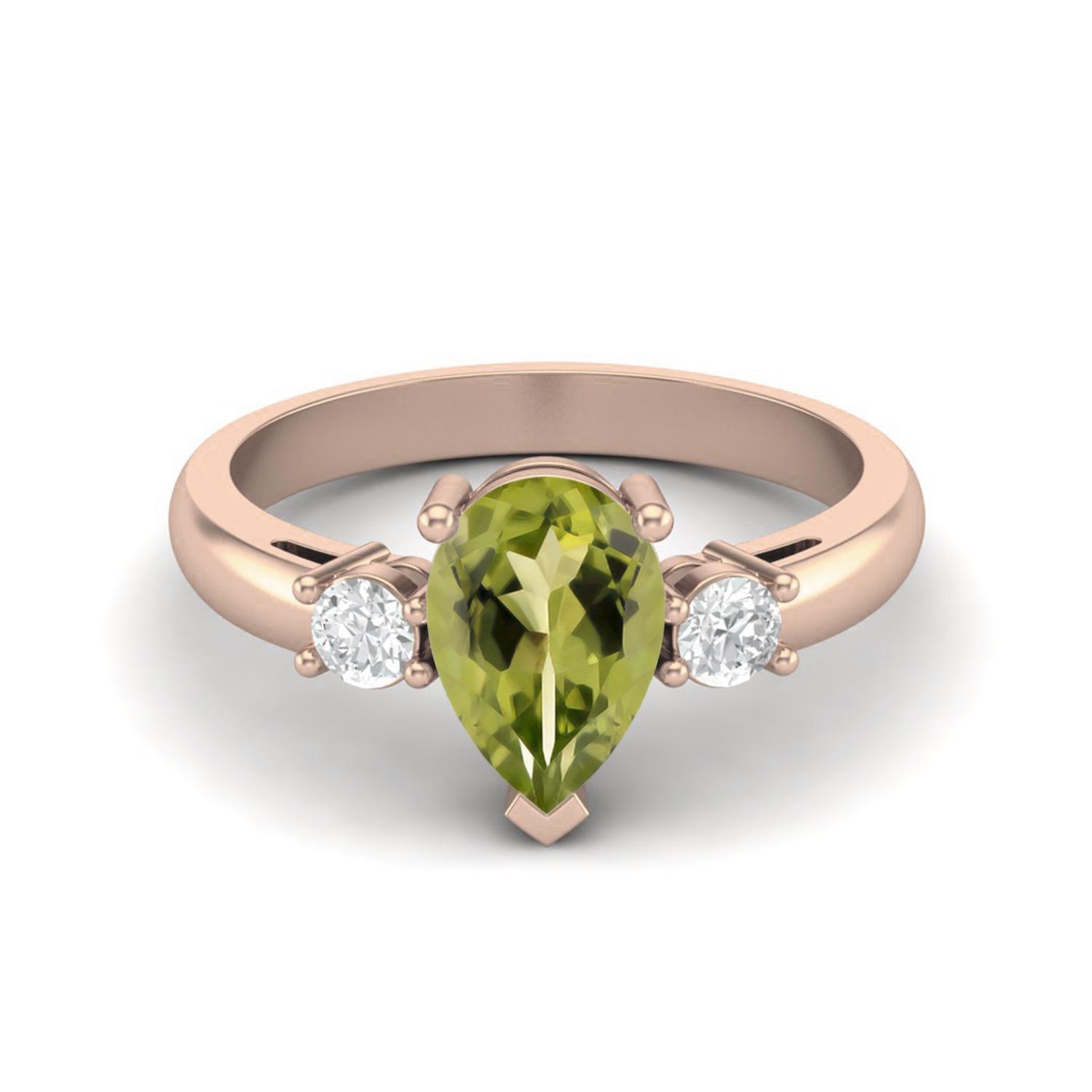 9X6mm Pear Peridot 925 Sterling Silver Rose Vermeil Three Stone Women Anniversary Ring 7