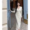 2026 Autumn/Winter Elegant V-Neck Long Sleeve Pleated Waist Split Skirt Dress for Women