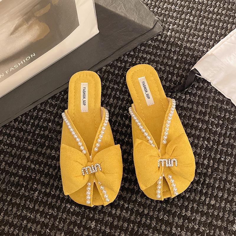 Baotou half slippers women's summer wear new versatile flat bottom pregnant women French pearl bow fish mouth sandals