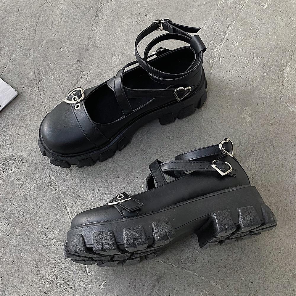 

Туфли Сладкая Лолита Платформа Круглый Носок Толстый Каблук Перекрестная Шнуровка Женская Обувь Обувь Каваи Косплей Туфли Мэри Джейн Пряжка в виде Сердца 38 матовый черный