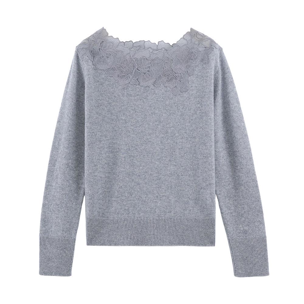 Women's Elegant Knitwear: Lace Patchwork Long Sleeve Cashmere Wool Sweater for Fall/Winter.