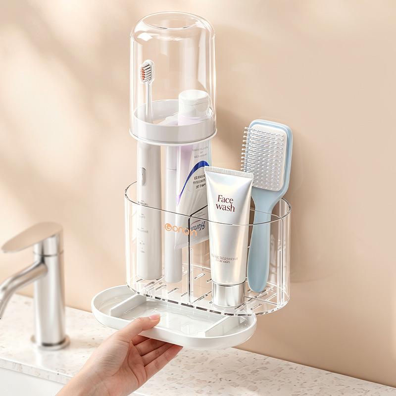 Toothbrush Storage Rack - Wall-mounted Without Drilling - Tooth Care Storage Rack with Dust-proof and Water-draining Function