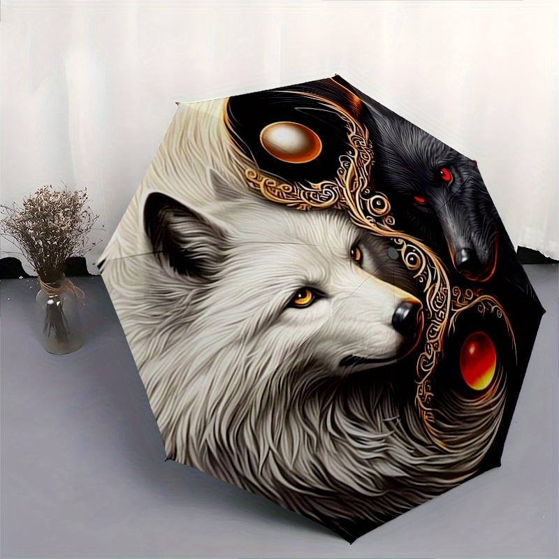 Wolf Yin Yang Automatischer Faltregenschirm 8 Rippen, Langlebiger Eisenrahmen, Helles Farbmuster Kompakter Reiseschirm, Geeignet für Outdoor, Se