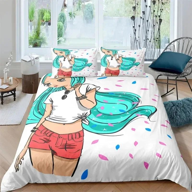 Musical Girl King Queen Duvet Cover Modern Fashion Girly Bedding Set for Kids Teens Adults Cartoon Hip Hop style Quilt Cover
