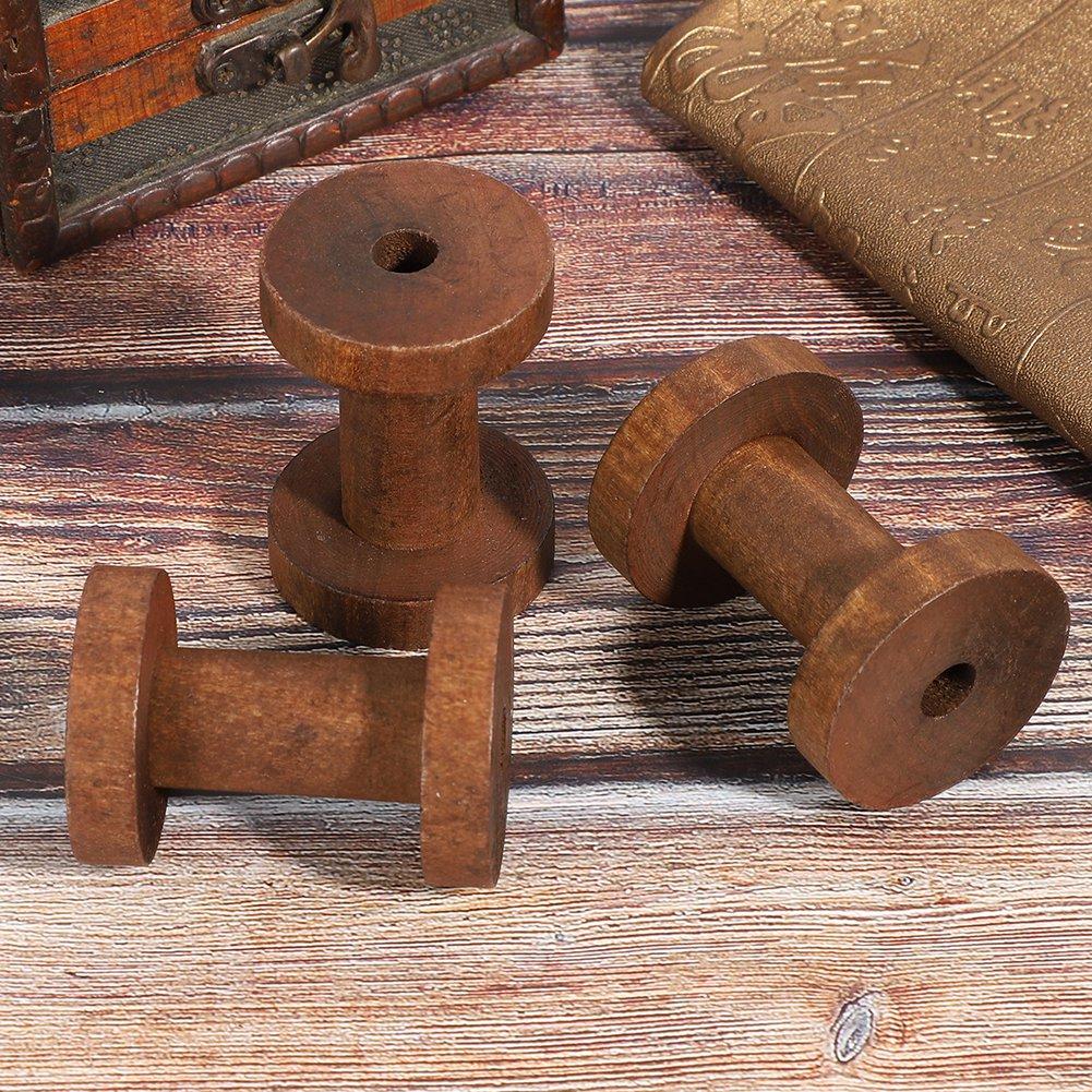 3Pcs Wooden Spools Reels Dark Brown Chic Bobbins for Crafts DIY Sewing Threading Tools