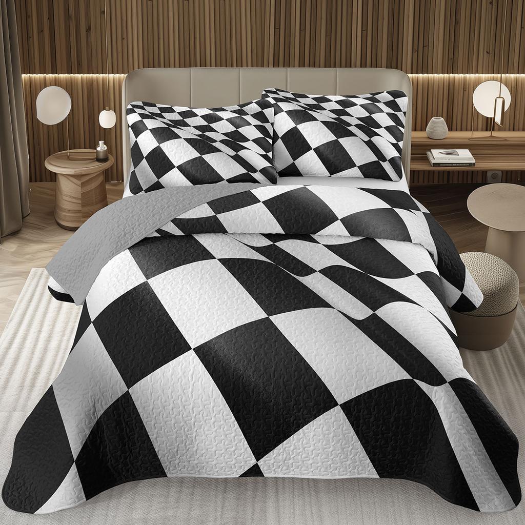 Grid Bedspread Black And White Checkered Bedding Set,Farmhouse Buffalo Plaid Coverlet Geometric Gingham Checkerboard Bed Cover