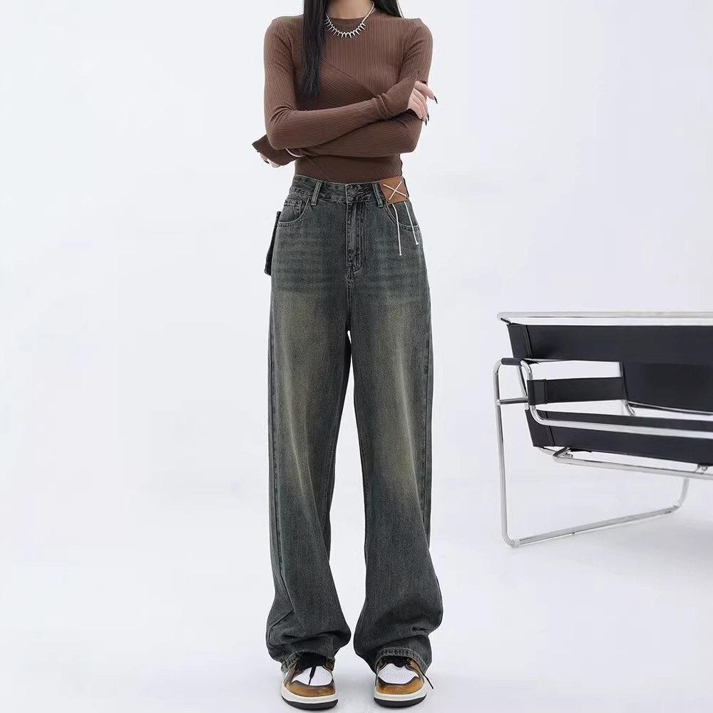

2025 Autumn/Winter Distressed High-Waisted Straight-Leg Women s Wide-Leg Jeans Large