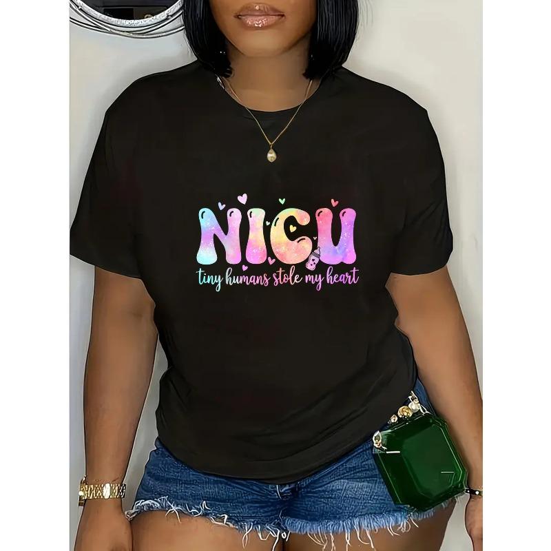 Women s Plus Size NICU Nurse T-Shirt - Funny  Tiny Humans & NICU Life  Slogan & Colorful Heart Design, Black with Pastel Pink/Purple/Blue/Pink Print, S чёрный