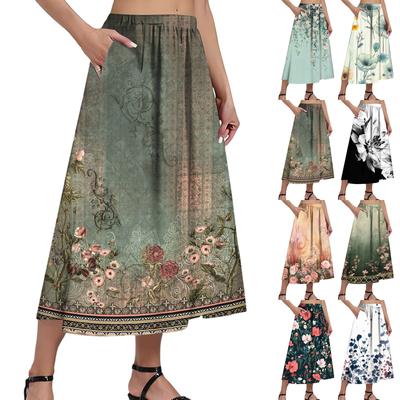 Damen Casual Mode Bedruckter Rock Elastischer Lockerer Taschen Plissee Halbkörperrock (Mit Seitentasche)