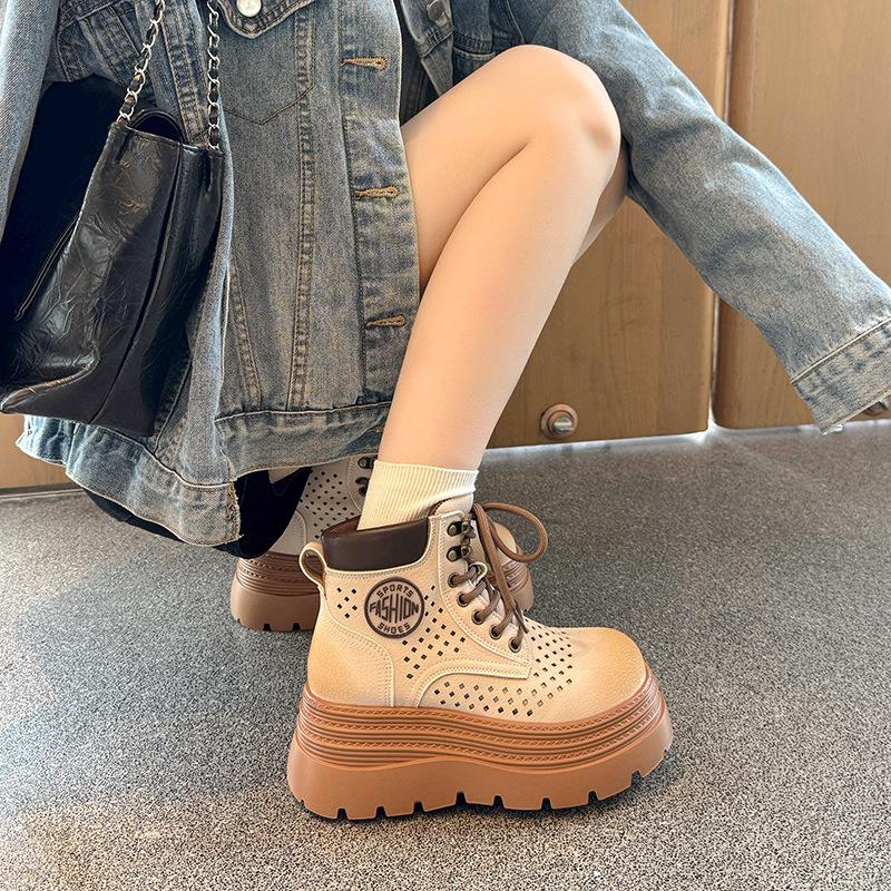 Hollow and Breathable Small Retro Martin Boots Women's British Style 2025 Summer New Heightening Muffin Thick-soled Short Boots