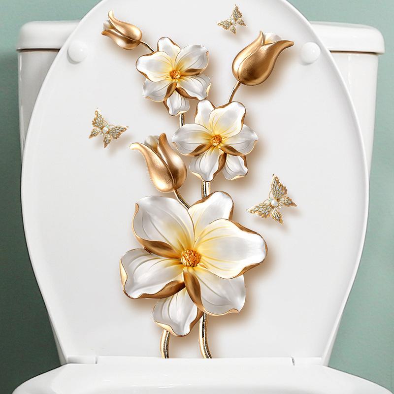 1Pc  Beautiful Lotus Butterfly Toilet Sticker Bathroom Toilet Cover Decorative Sticker Waterproof Self Adhesive