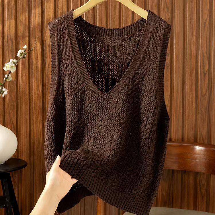 Women's Plus-Size Sleeveless Vest for Spring and Autumn Casual Style Versatile Loose Thin Hollow-Out Knitted Stylish Gilet