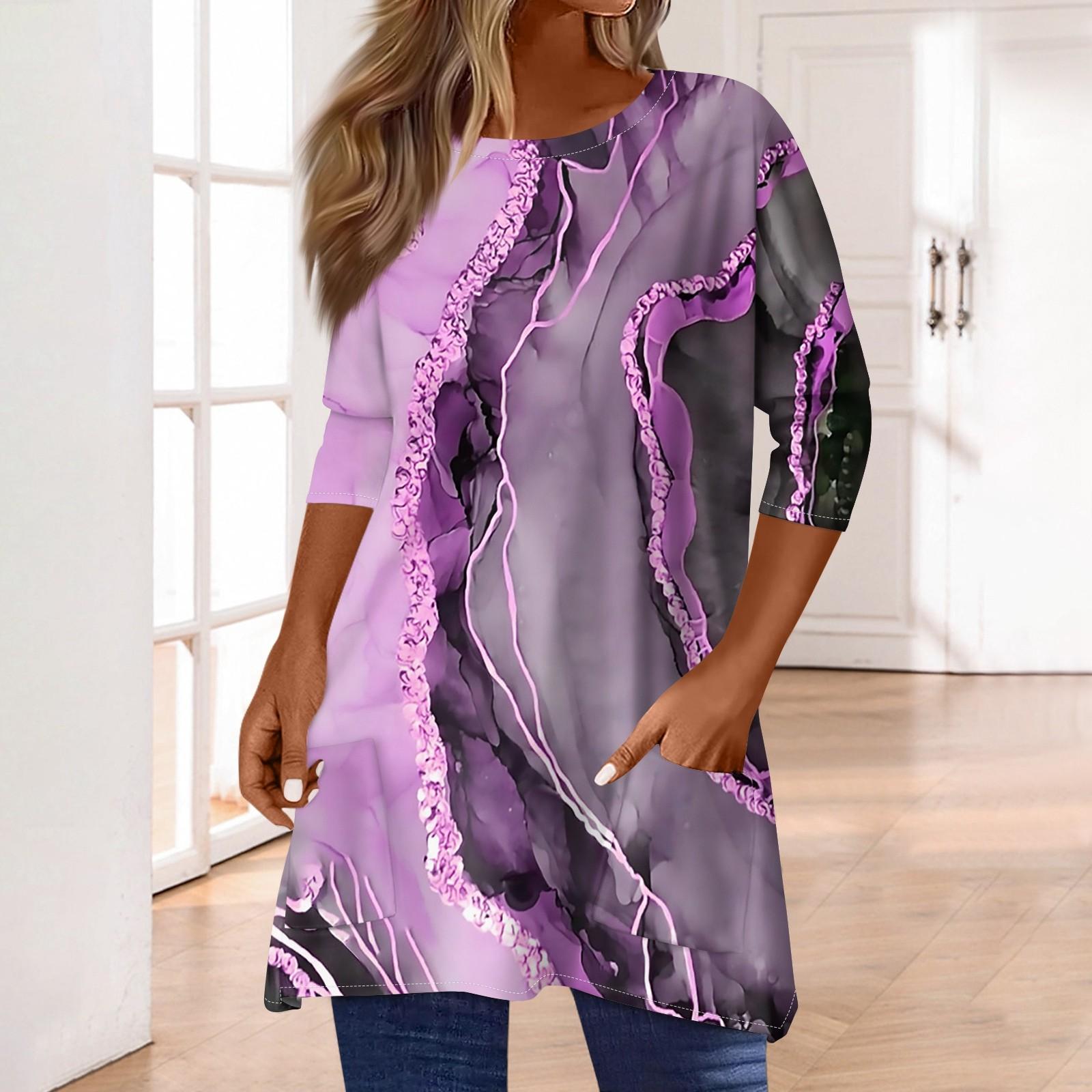 

Топы с рукавами 3/4 для женщин, футболка, повседневные топы с принтом, футболка, пуловер с круглым вырезом, блузка XL фиолетовый