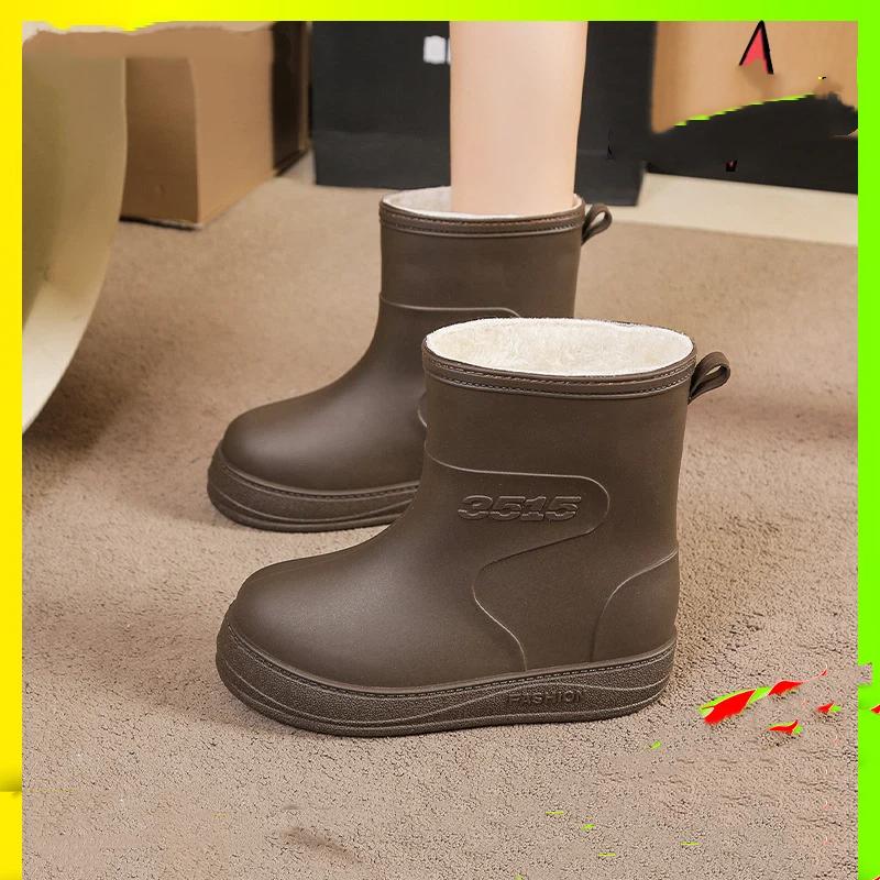 Women's Winter Mid Tube Fleece Anti Cold Anti Slip Wear Resistant And Warm Rain Shoes