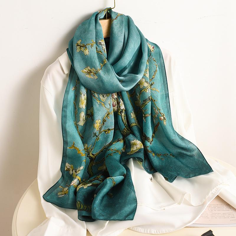 Van Gogh oil painting apricot flower satin silk silk scarf long mulberry silk scarf spring and autumn shawl dual-purpose gift mother