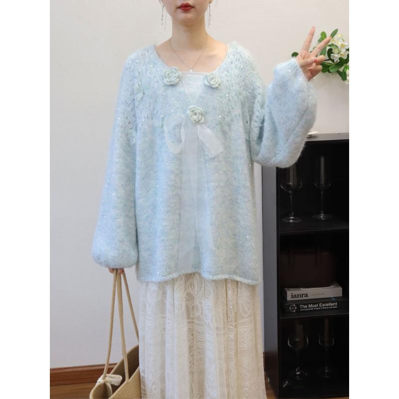 Autumn and winter new medium and long three-dimensional flower bow sweet knitted sweater top loose sweater pullover woman