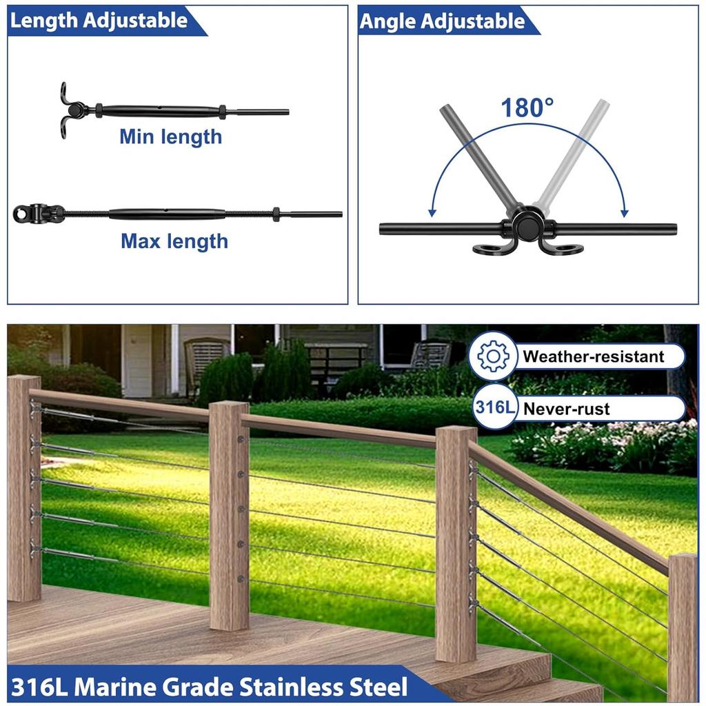 Black Cable Railing Kit, T316 Stainless Steel 1/8” Swage Toggle Turnbuckle Hardware for Wood Posts, Stair Deck Cable Railing System,