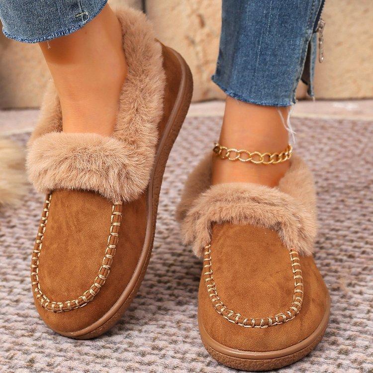 New Autumn Plush Lined Flats,Cozy Fur Trimmed Shoes for Women,Plus Size Indoor Outdoor House Slippers