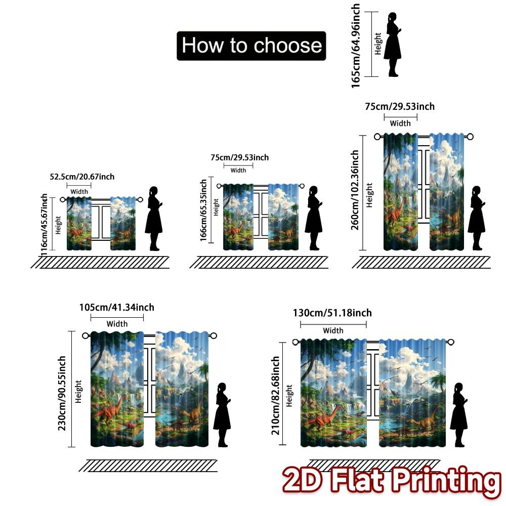 2pcs, 2D FLAT PRINTING Curtains (Without Rod) Dinosaur Valley(2) Creative Chic Curtains Versatile Durable Polyester Curtains