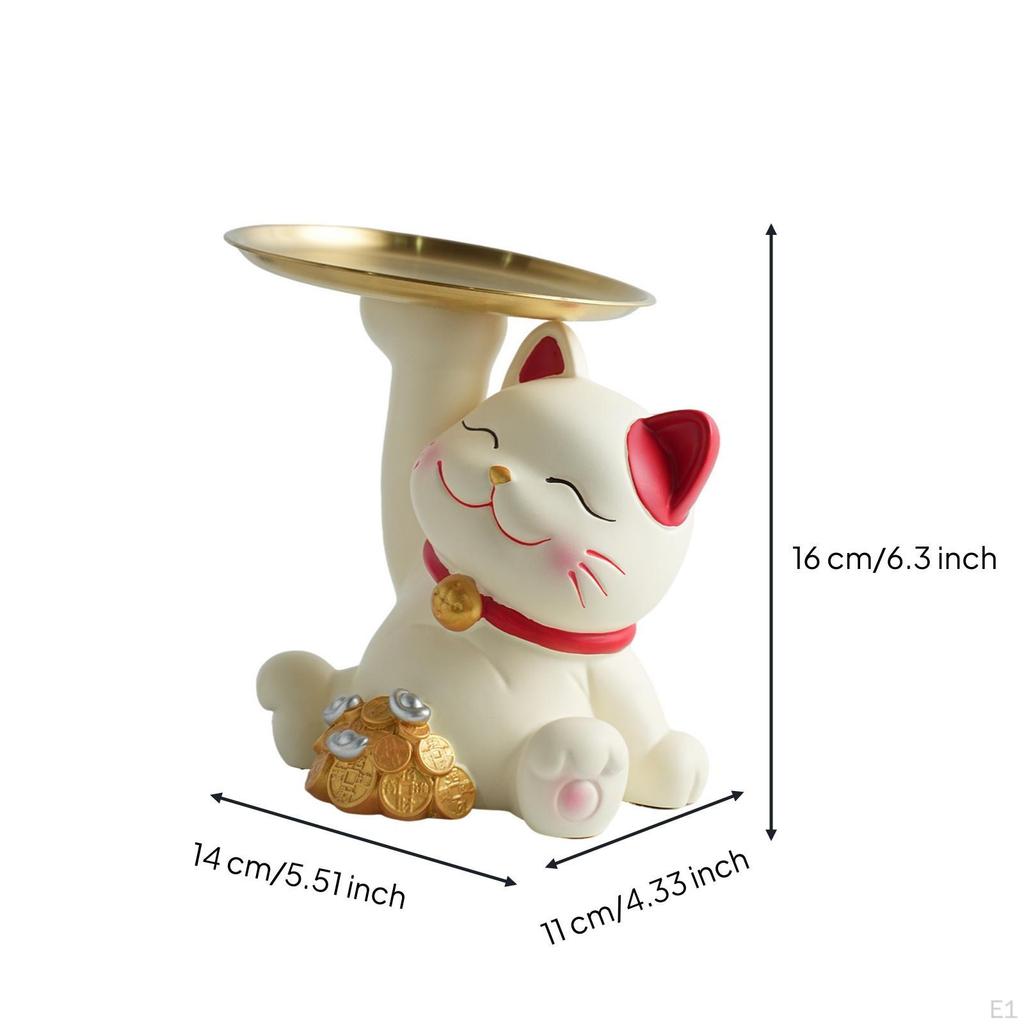 Welcoming Cat Statue Candy Dish Decorative Figurine with Tray Tabletop Fortune for