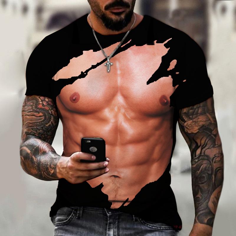 Summer Hip Hop Personality Abdominal Muscle Chest Muscle Abstract Funny Print Men's T-shirt Short Sleeve Tops